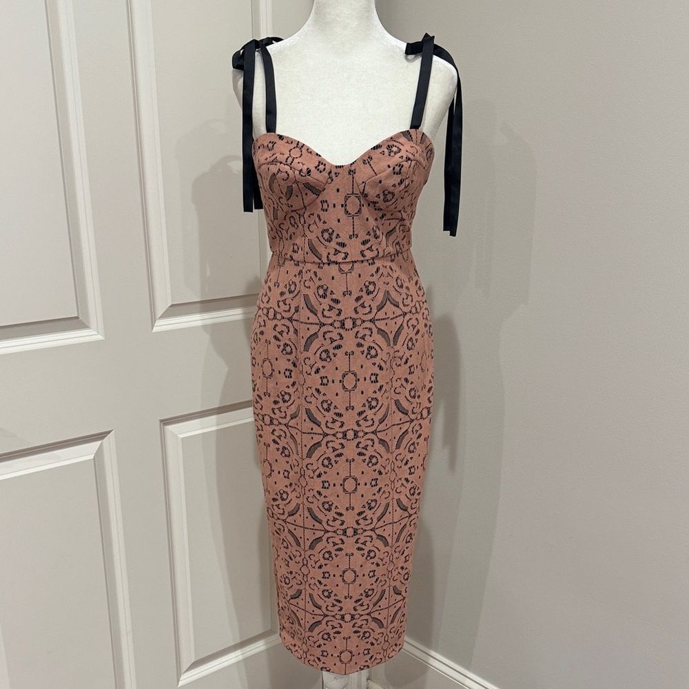 ASOS Pink Patterned Midi Elegant Black and Pink Lace Dress Size 4